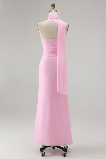 Sheath One Shoulder Blush Long Bridesmaid Dress with Streamer